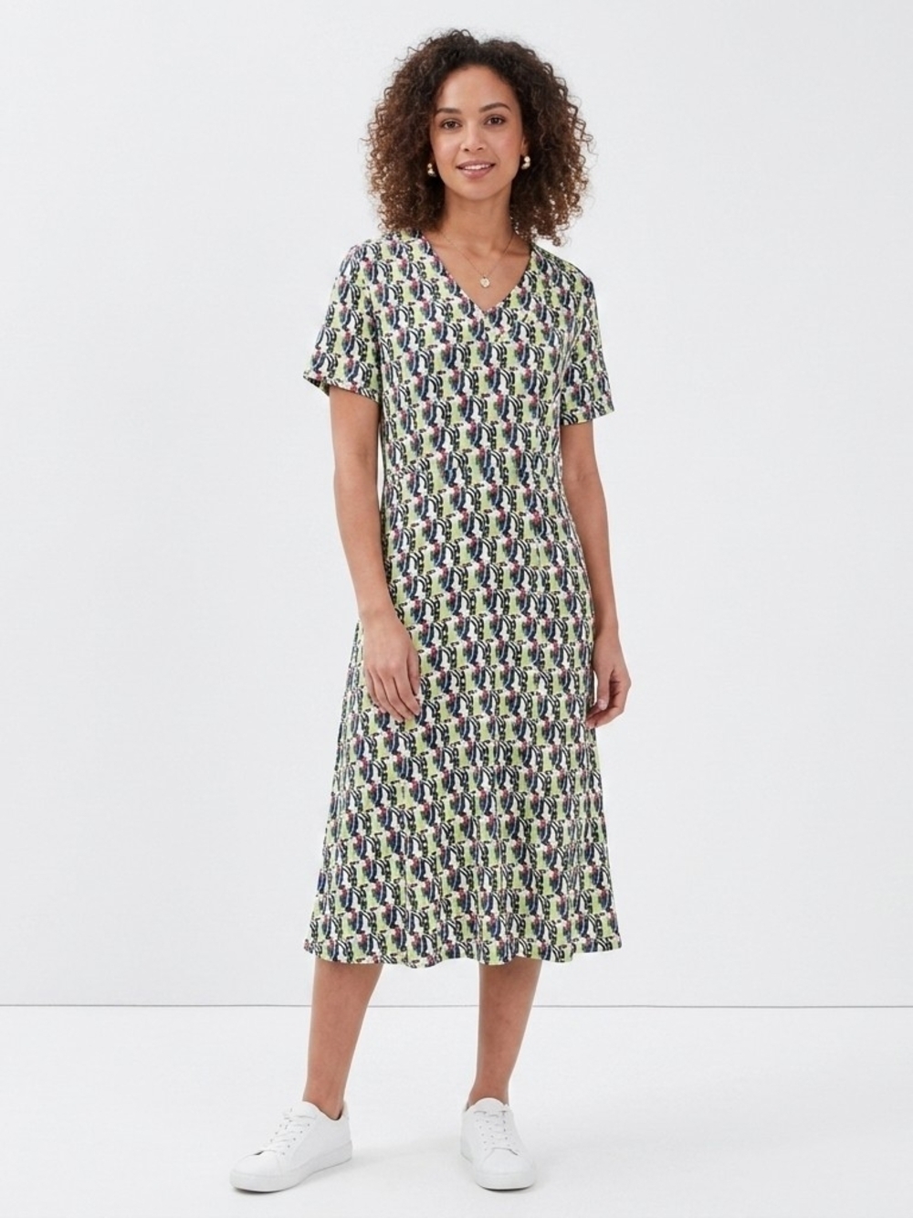 Flax V-Neck Short Sleeve Printed Midi Dress - Multi Green & Navy Size Small